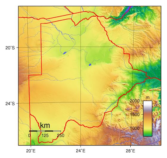 Grande mapa físico de Botswana