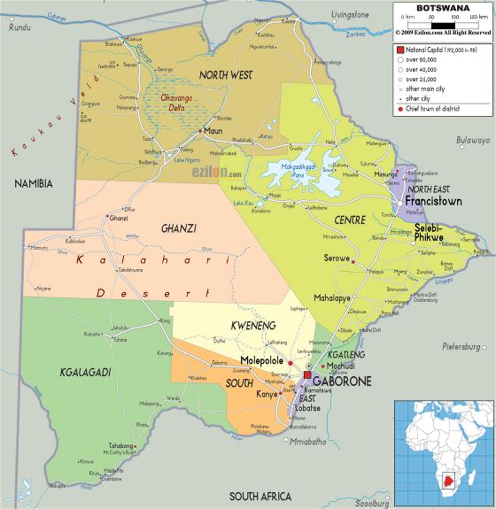 Grande mapa político y administrativo de Botswana con carreteras, ciudades y aeropuertos