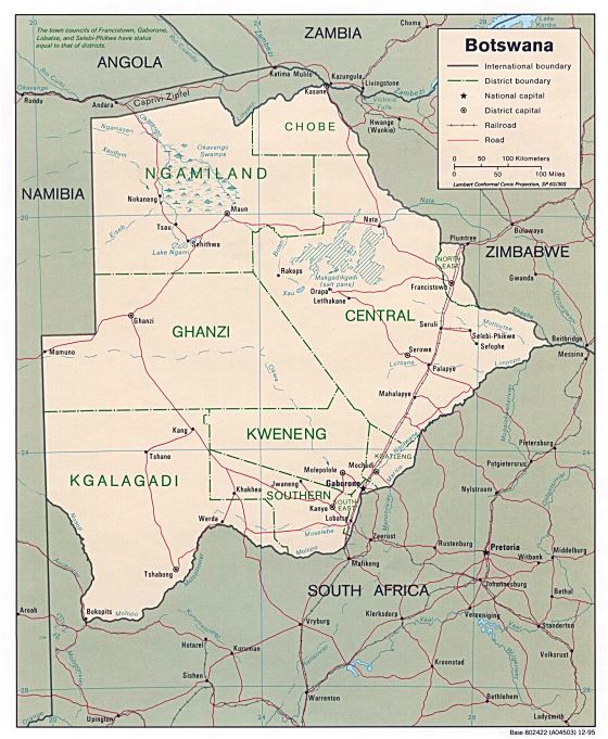 Grande mapa político y administrativo de Botswana con carreteras y principales ciudades - 1995