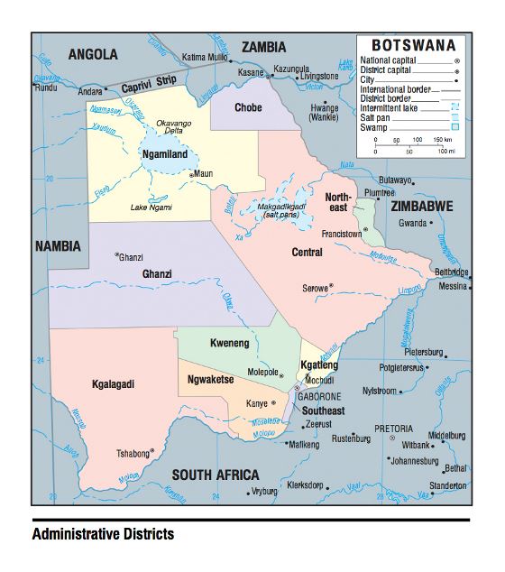 Mapa de administrativas divisiones de Botswana