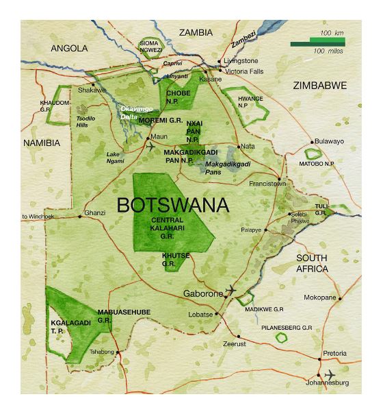 Mapa de parques nacionales de Botswana con carreteras, principales ciudades y aeropuertos