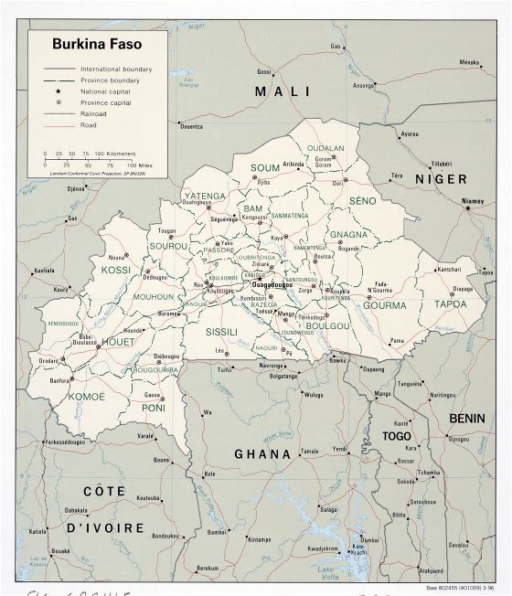 A gran escala mapa político y administrativo de Burkina Faso con carreteras, ferrocarriles y principales ciudades - 1996