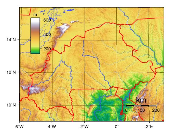 Detallado mapa físico de Burkina Faso