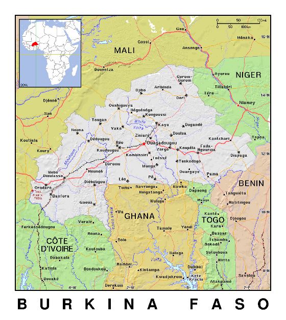 Detallado mapa político de Burkina Faso con relieve
