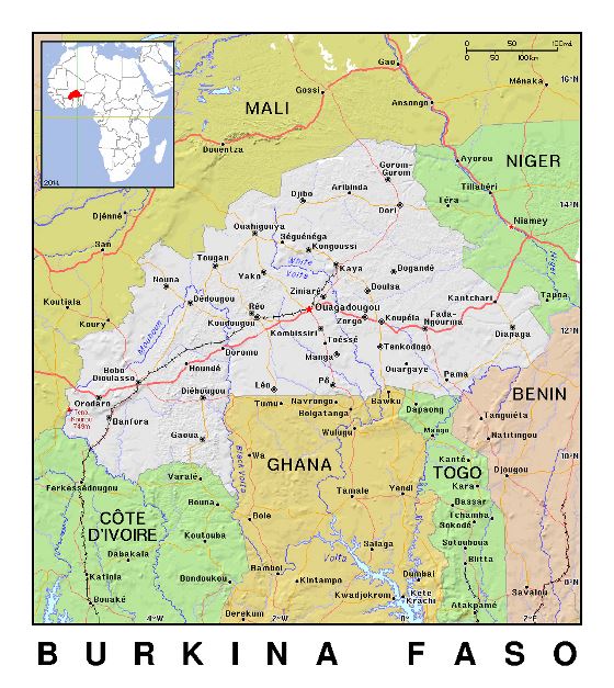 Detallado mapa político de Burkina Faso con relieve