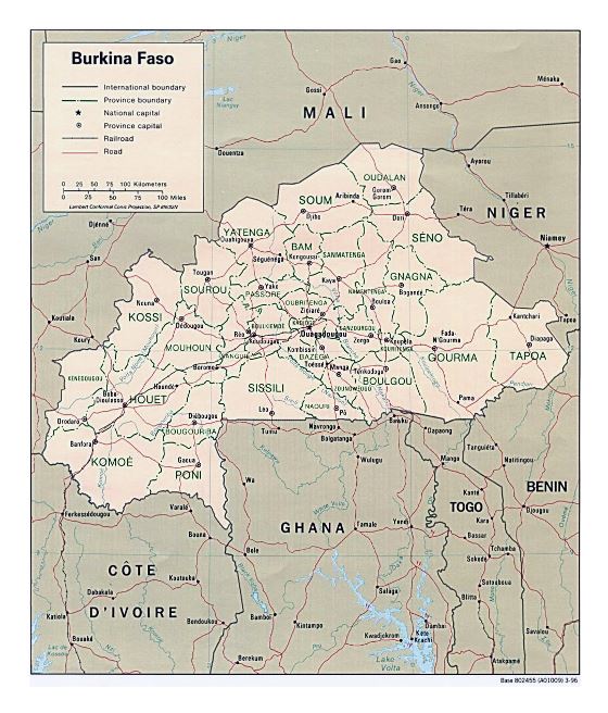 Detallado mapa político y administrativo de Burkina Faso con carreteras, ferrocarriles y principales ciudades - 1996
