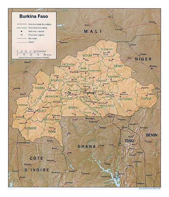 Detallado mapa político y administrativo de Burkina Faso con relieve, carreteras, ferrocarriles y principales ciudades - 1996
