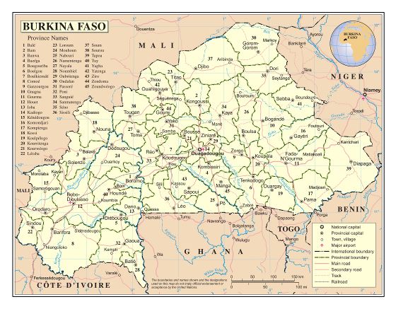 Grande detallado mapa político y administrativo de Burkina Faso con carreteras, ciudades y aeropuertos