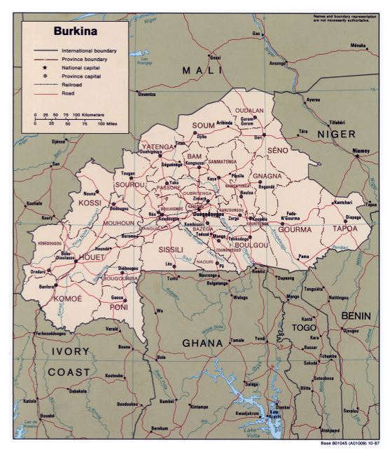 Grande detallado mapa político y administrativo de Burkina Faso con carreteras, ferrocarriles y principales ciudades - 1987