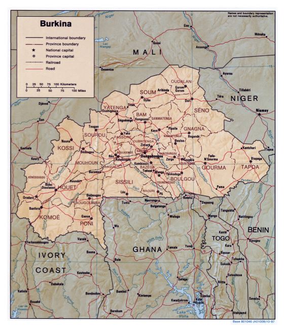 Grande detallado mapa político y administrativo de Burkina Faso con relieve, carreteras, ferrocarriles y principales ciudades - 1987