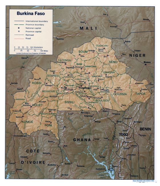 Grande detallado mapa político y administrativo de Burkina Faso con relieve, carreteras, ferrocarriles y principales ciudades - 1996