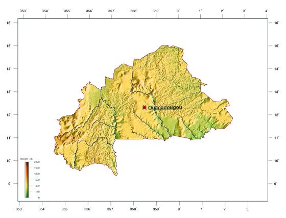 Grande mapa de elevación de Burkina Faso