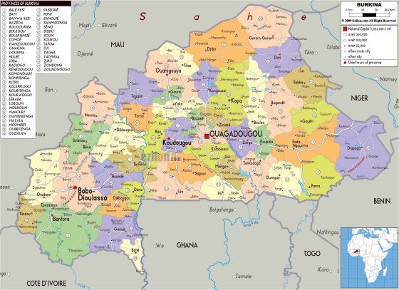 Grande mapa político y administrativo de Burkina Faso con carreteras, ciudades y aeropuertos