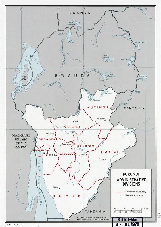 A gran escala mapa de administrativas divisiones de Burundi - 1969