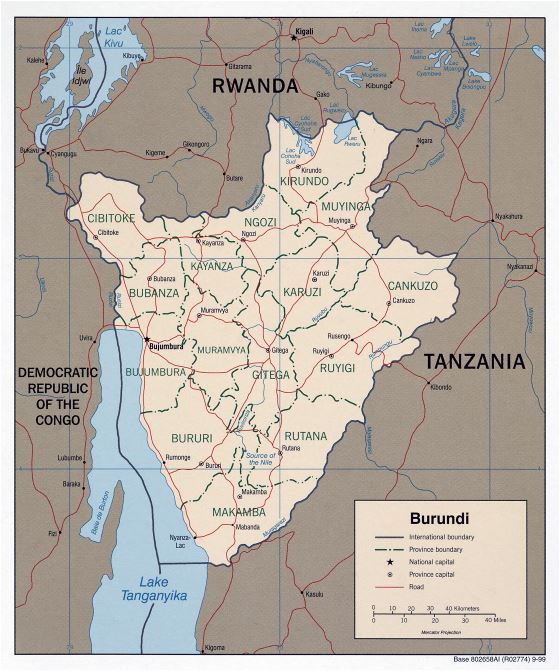 A gran escala mapa político y administrativo de Burundi con carreteras y principales ciudades - 1999