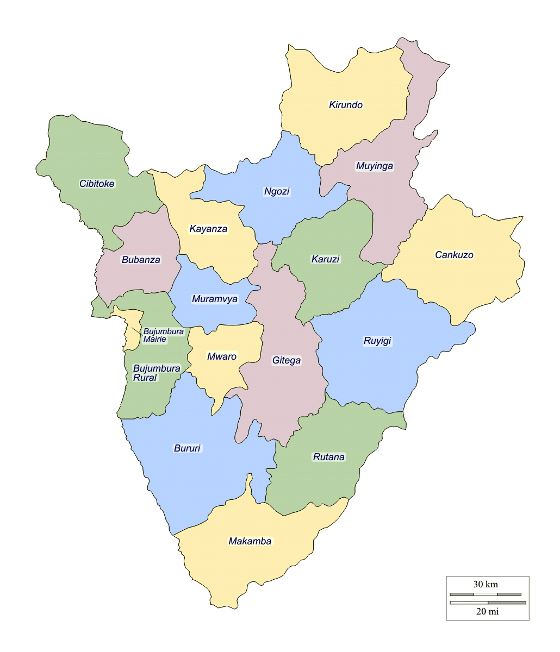 Detallado mapa de administrativas divisiones de Burundi