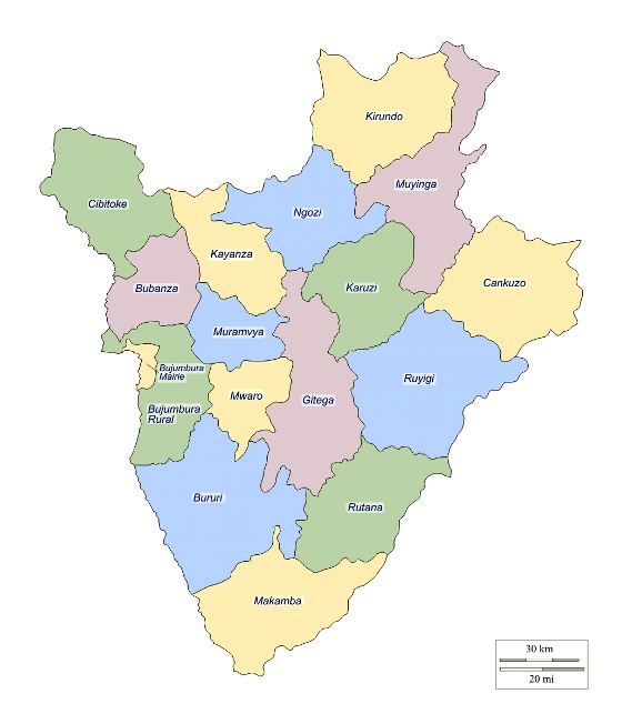 Detallado mapa de administrativas divisiones de Burundi