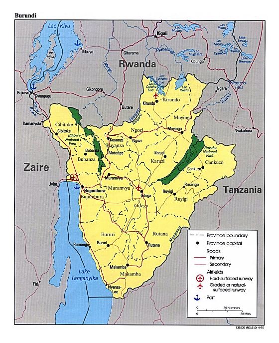 Detallado mapa de Burundi con administrativas divisiones, carreteras, principales ciudades, aeropuertos y puertos - 1995