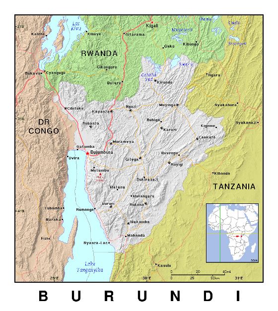 Detallado mapa político de Burundi con relieve