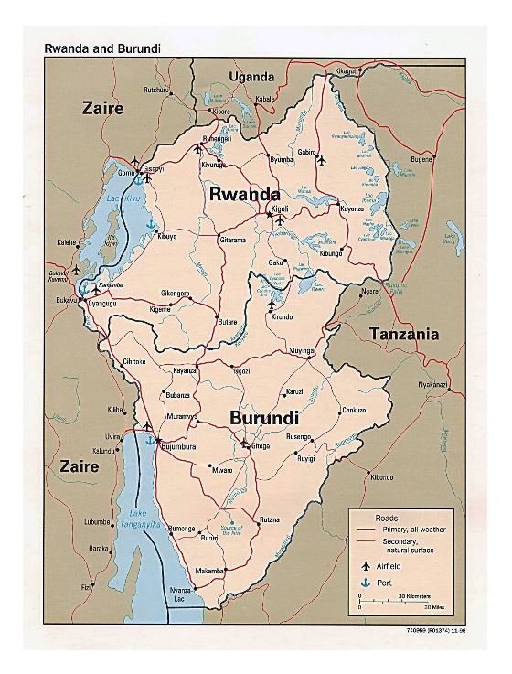 Detallado mapa político de Ruanda y Burundi con carreteras, principales ciudades, aeropuertos y puertos - 1996