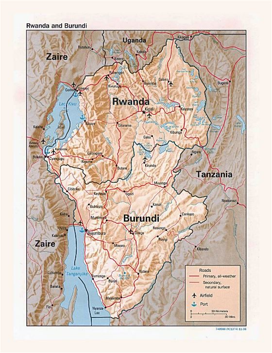 Detallado mapa político de Ruanda y Burundi con relieve, carreteras, principales ciudades, aeropuertos y puertos - 1996
