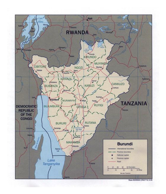 Detallado mapa político y administrativo de Burundi con carreteras y principales ciudades - 1999