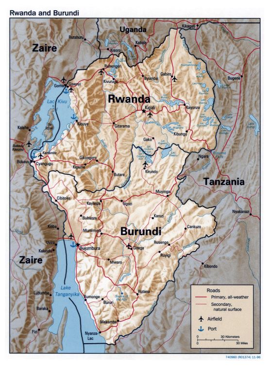 Grande detallado mapa político de Ruanda y Burundi con relieve, carreteras, principales ciudades, aeropuertos y puertos - 1996