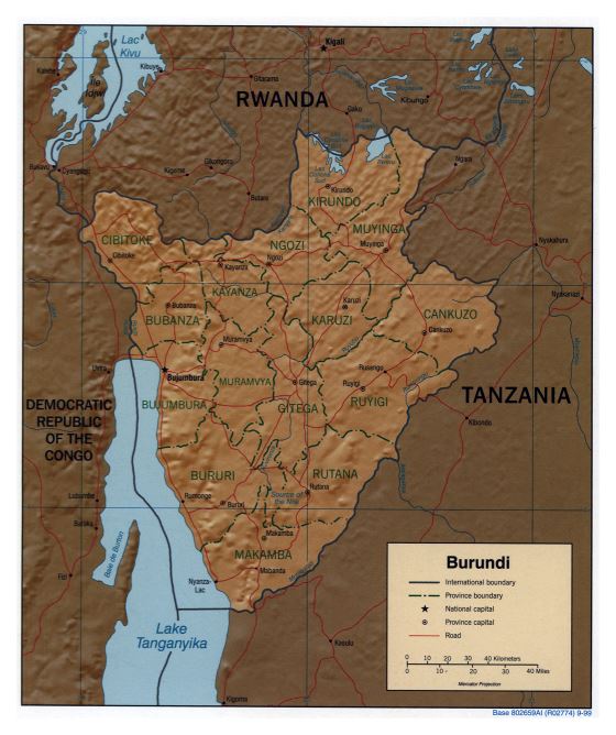 Grande detallado mapa político y administrativo de Burundi con relieve, carreteras y principales ciudades - 1999