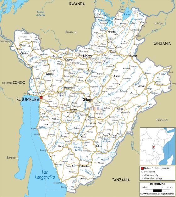 Grande mapa de carreteras de Burundi con ciudades y aeropuertos