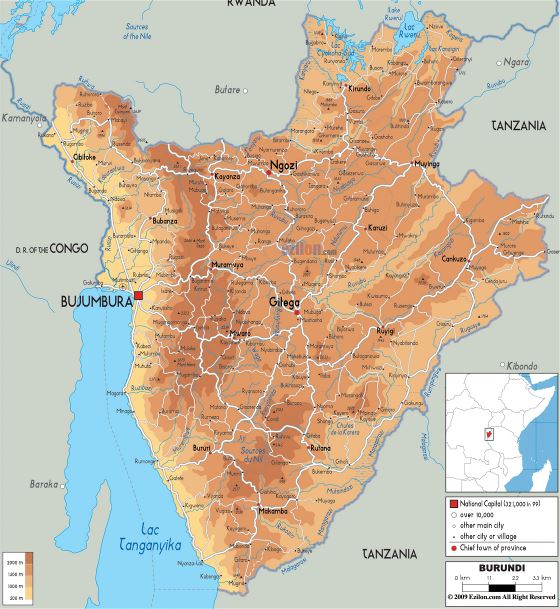 Grande mapa físico de Burundi con carreteras, ciudades y aeropuertos