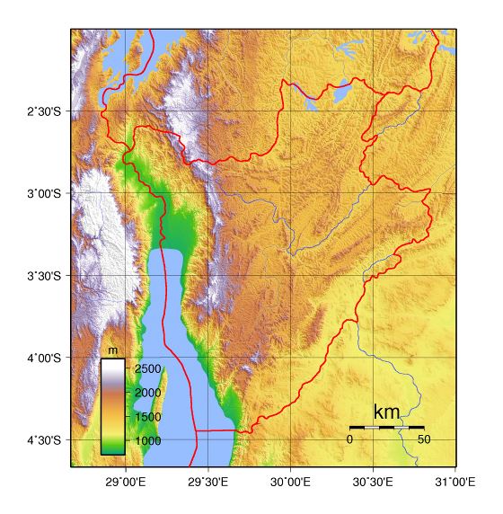 Grande mapa físico de Burundi