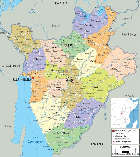 Grande mapa político y administrativo de Burundi con carreteras, ciudades y aeropuertos
