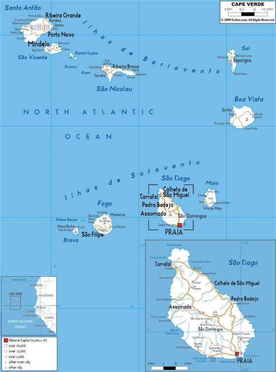 Grande mapa de carreteras de Cabo Verde con ciudades y aeropuertos