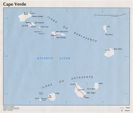 Grande mapa político de Cabo Verde con carreteras, principales ciudades y aeropuertos - 1977