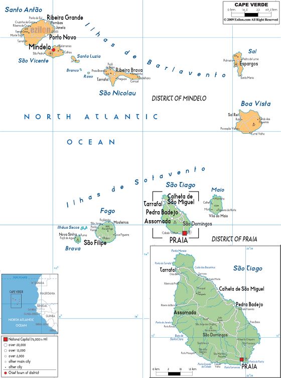 Grande mapa político y administrativo de Cabo Verde con carreteras, ciudades y aeropuertos