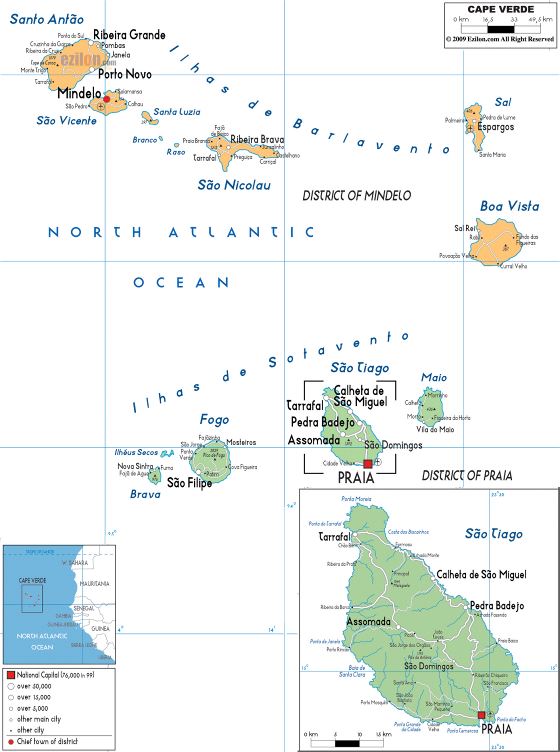 Grande mapa político y administrativo de Cabo Verde con carreteras, ciudades y aeropuertos