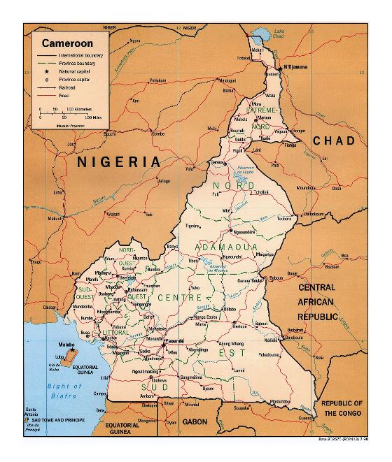 Detallado mapa político y administrativo de Camerún con carreteras, ferrocarriles y principales ciudades - 1998
