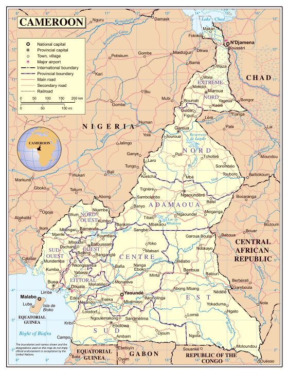 Grande detallado mapa político y administrativo de Camerún con carreteras, ciudades y aeropuertos