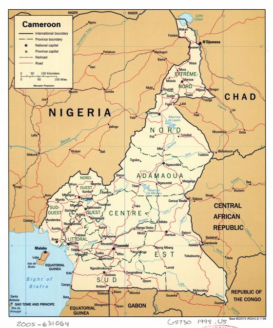 Grande detallado mapa político y administrativo de Camerún con carreteras, ferrocarriles y principales ciudades - 1998
