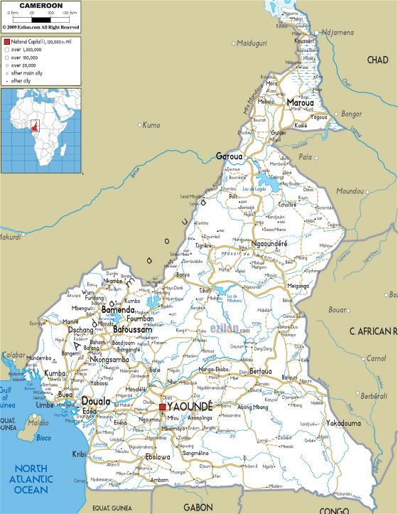 Grande mapa de carreteras de Camerún con ciudades y aeropuertos