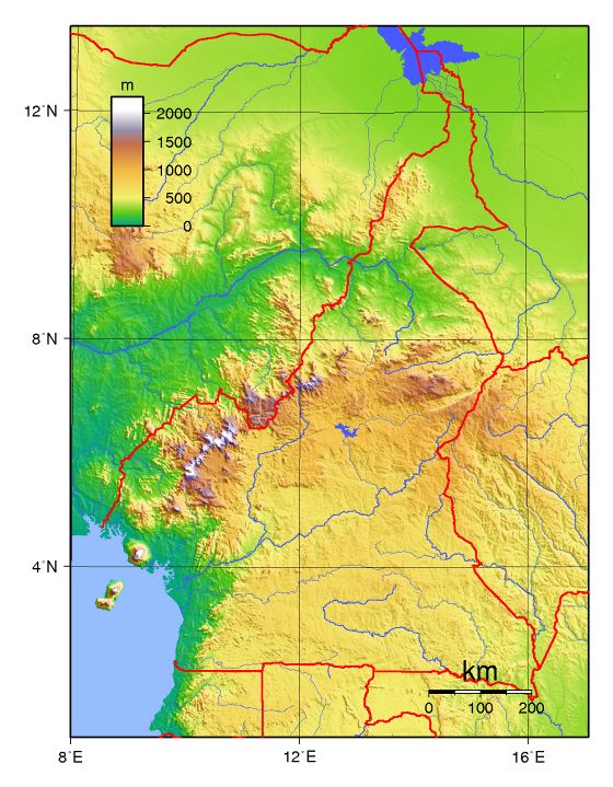 Grande mapa físico de Camerún