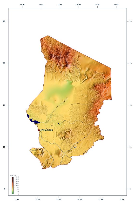 Detallado mapa de elevación de Chad