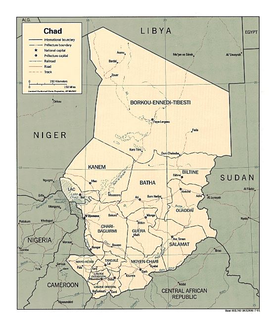 Detallado mapa político y administrativo de Chad con carreteras y principales ciudades - 1991