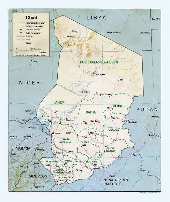 Detallado mapa político y administrativo de Chad con relieve, carreteras y principales ciudades - 1991