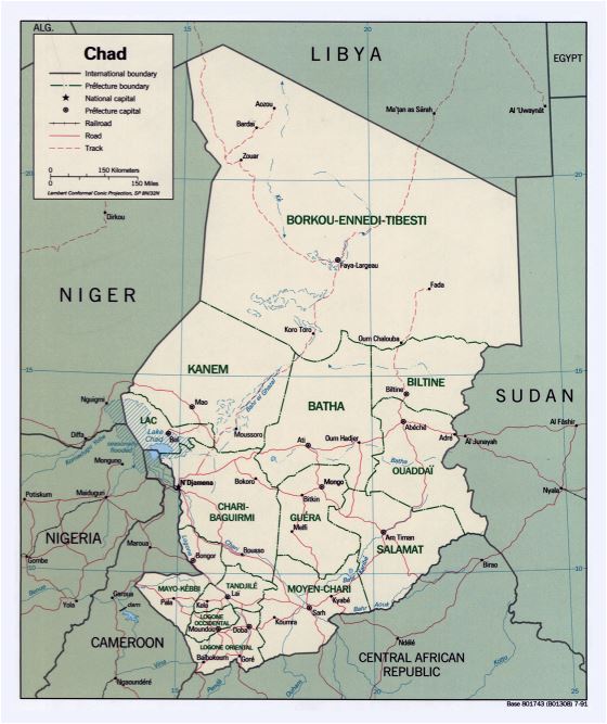 Grande detallado mapa político y administrativo de Chad con carreteras y principales ciudades - 1991