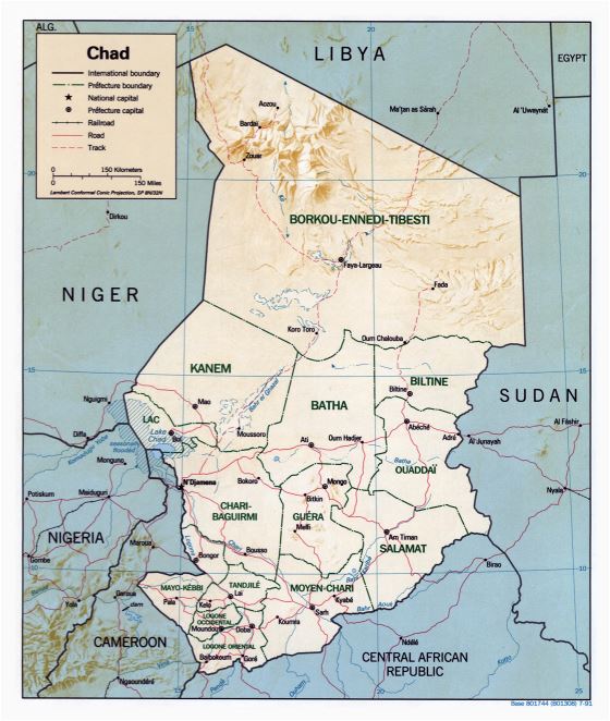 Grande detallado mapa político y administrativo de Chad con relieve, carreteras y principales ciudades - 1991