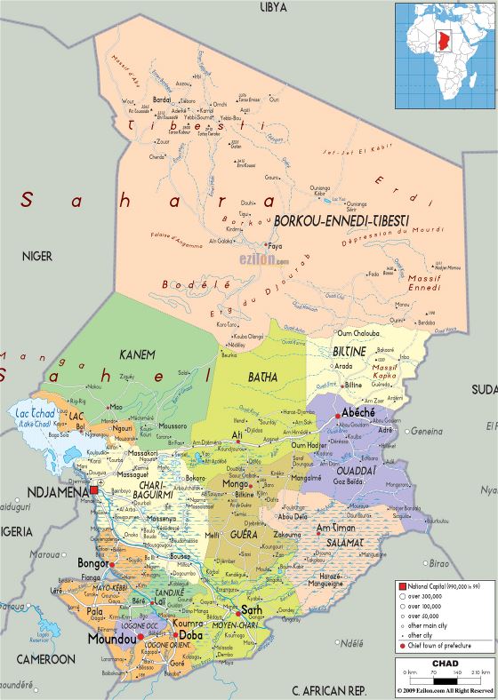 Grande mapa político y administrativo de Chad con carreteras, ciudades y aeropuertos