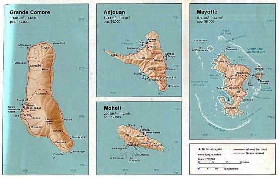 Detallado mapa de Islas de Comoras con relieve, carreteras, ciudades, puertos y aeropuertos - 1976