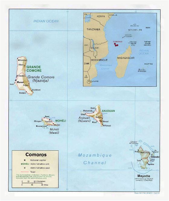 Detallado mapa político de Comoras con relieve, carreteras y ciudades - 1991