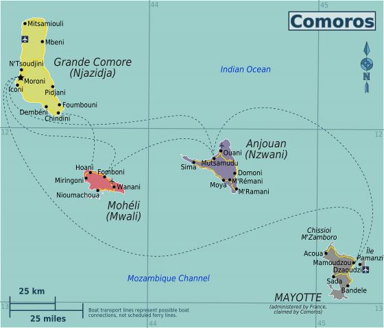 Grande mapa de regiones de Islas Comoras